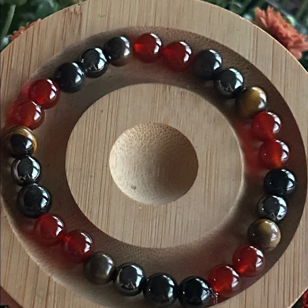 Handmade Carnelian + Tigers Eye + Black Obsidian + Hematite Beaded Bracelet *